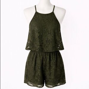 Green Crochet Halter Romper | Boho Lace Playsuit | Open Back | Size S